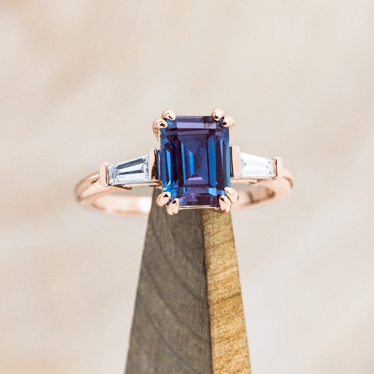 "ALBINA" - EMERALD CUT DOUBLE CLAW PRONG ENGAGEMENT RING WITH LAB-GROWN DIAMOND ACCENTS-Staghead Designs