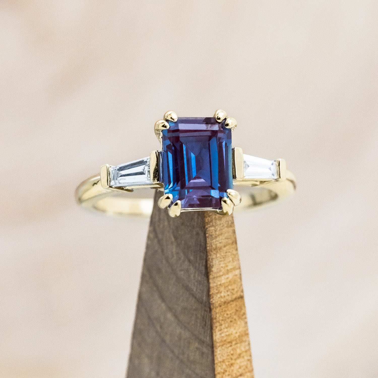 "ALBINA" - EMERALD CUT DOUBLE CLAW PRONG ENGAGEMENT RING WITH LAB-GROWN DIAMOND ACCENTS-Staghead Designs