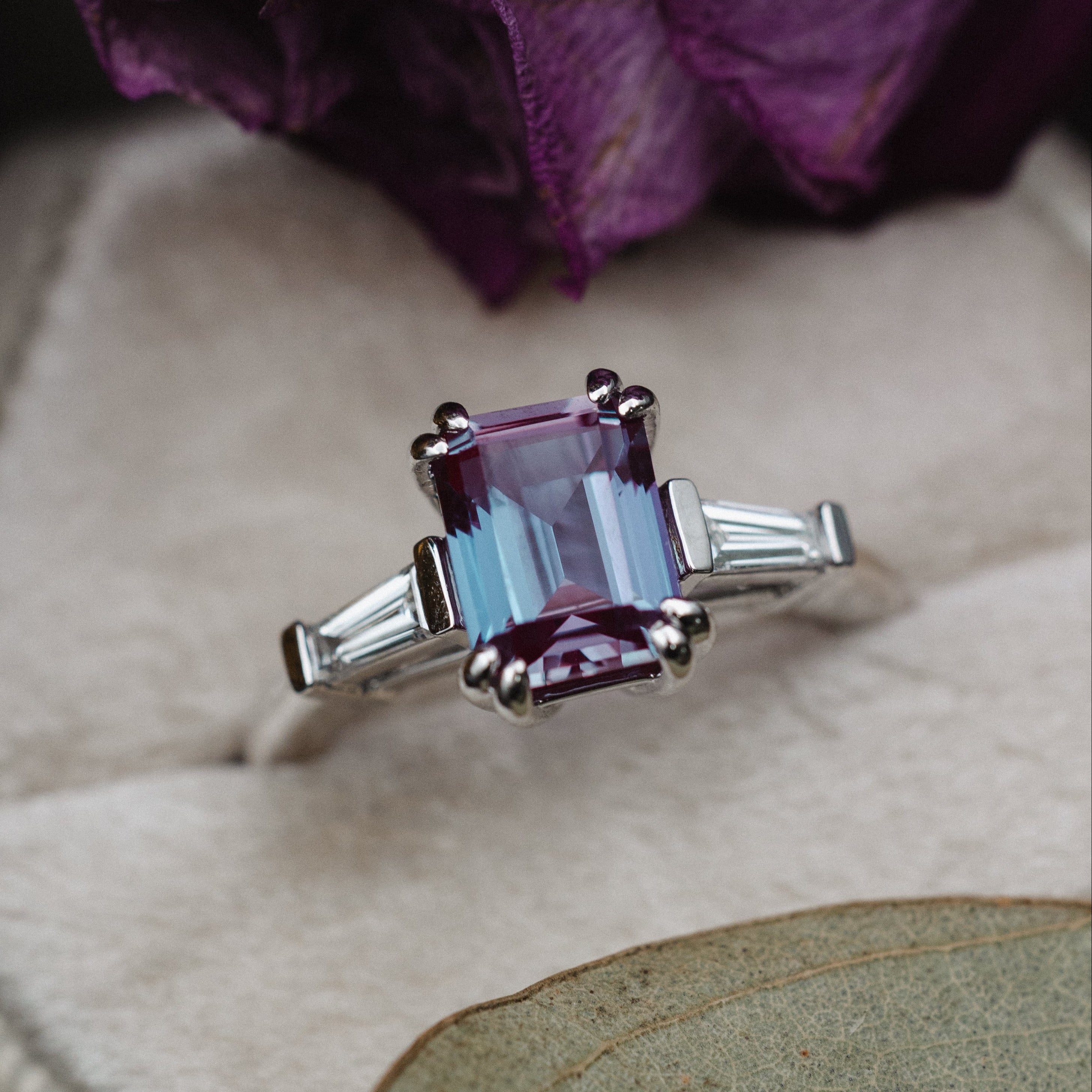 "ALBINA" - EMERALD CUT LAB-GROWN ALEXANDRITE ENGAGEMENT RING WITH LAB-GROWN DIAMOND ACCENTS-7