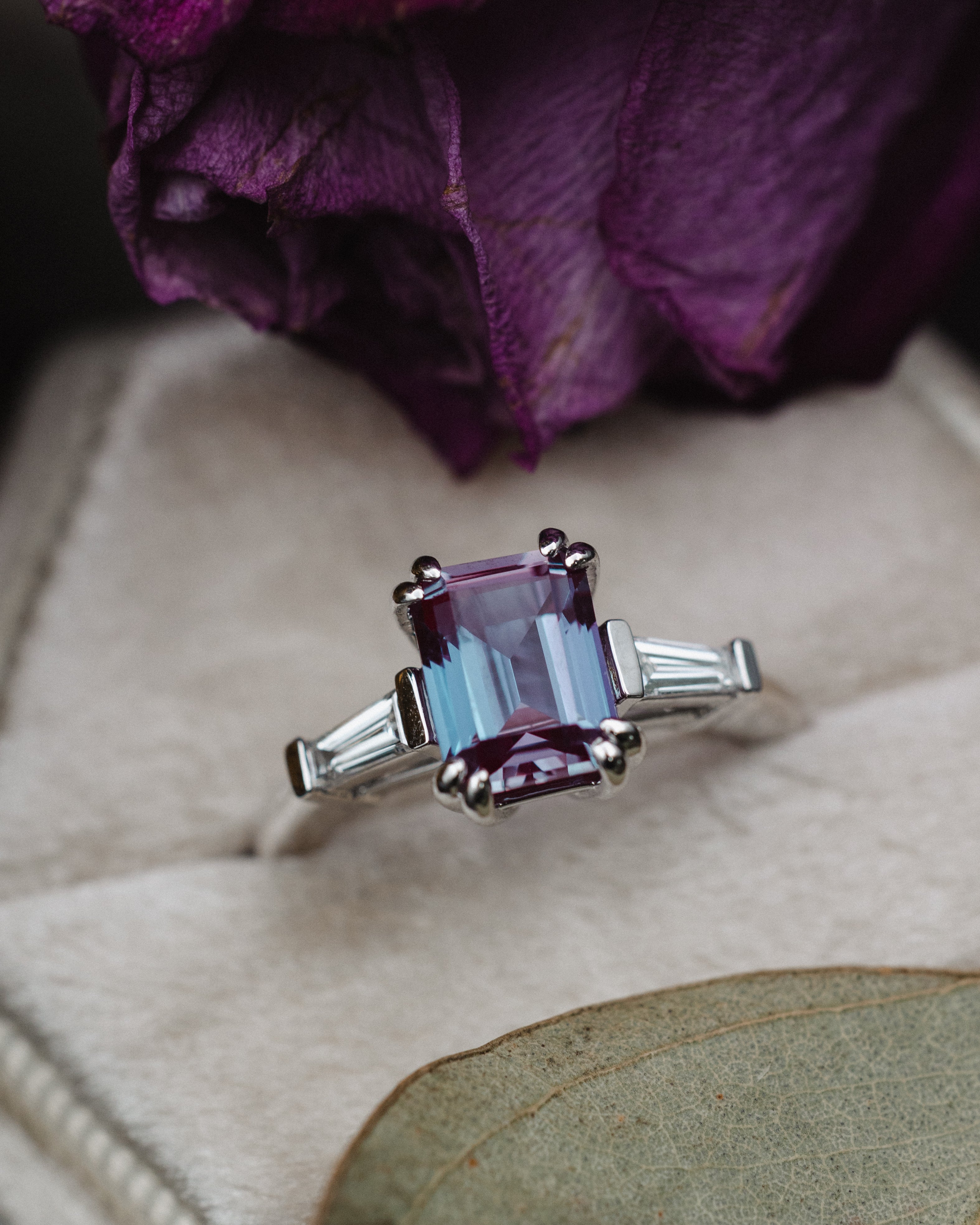 "ALBINA" - EMERALD CUT LAB-GROWN ALEXANDRITE ENGAGEMENT RING WITH LAB-GROWN DIAMOND ACCENTS-7