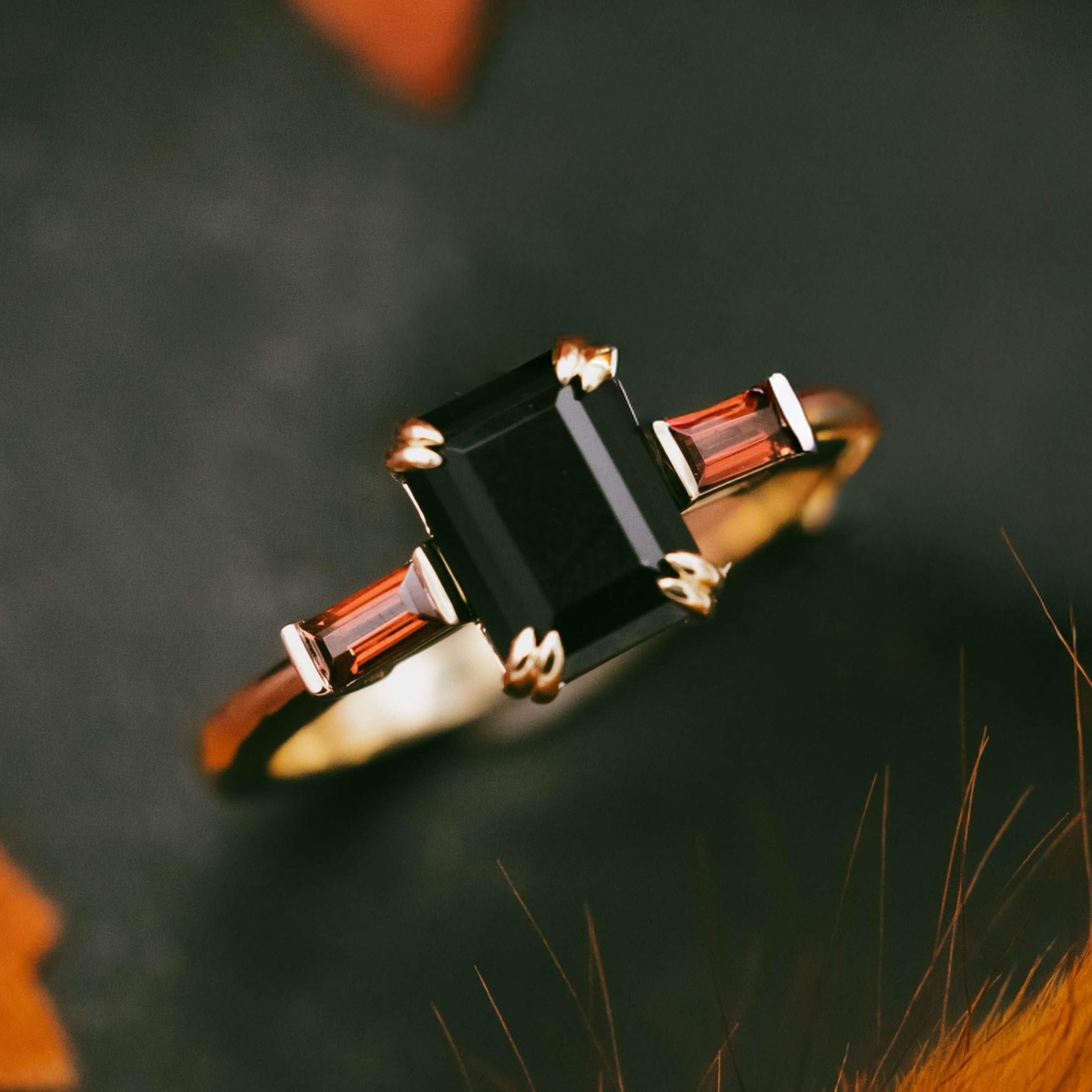 "ALBINA" - EMERALD CUT BLACK ONYX ENGAGEMENT RING WITH DOUBLE CLAW PRONGS AND MOZAMBIQUE GARNET ACCENTS-Staghead Designs