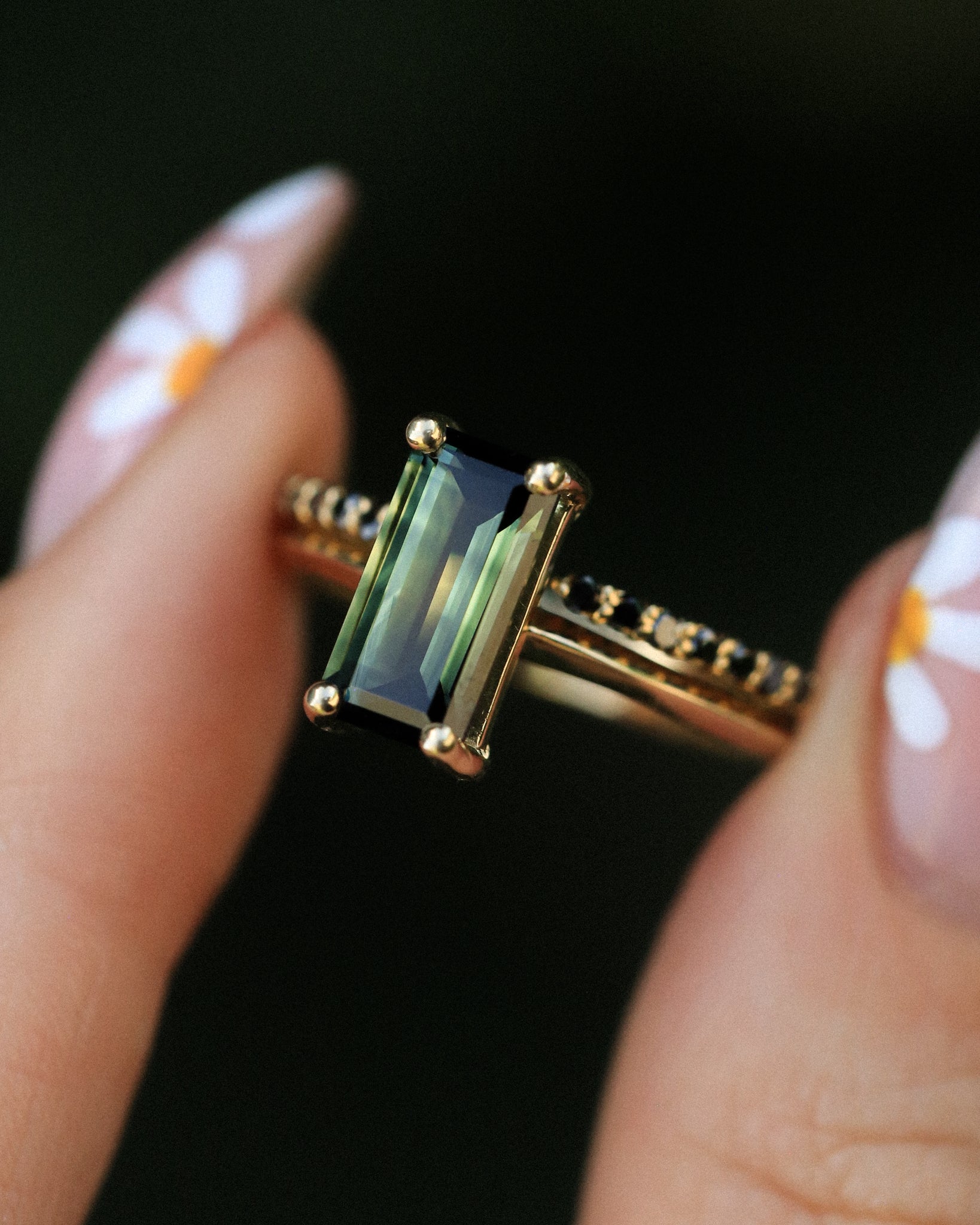 ONE-OF-A-KIND - "ALEXA" - ELONGATED CUT-CORNER AUSTRALIAN SAPPHIRE ENGAGEMENT RING WITH BLACK DIAMOND TRACER-Staghead Designs