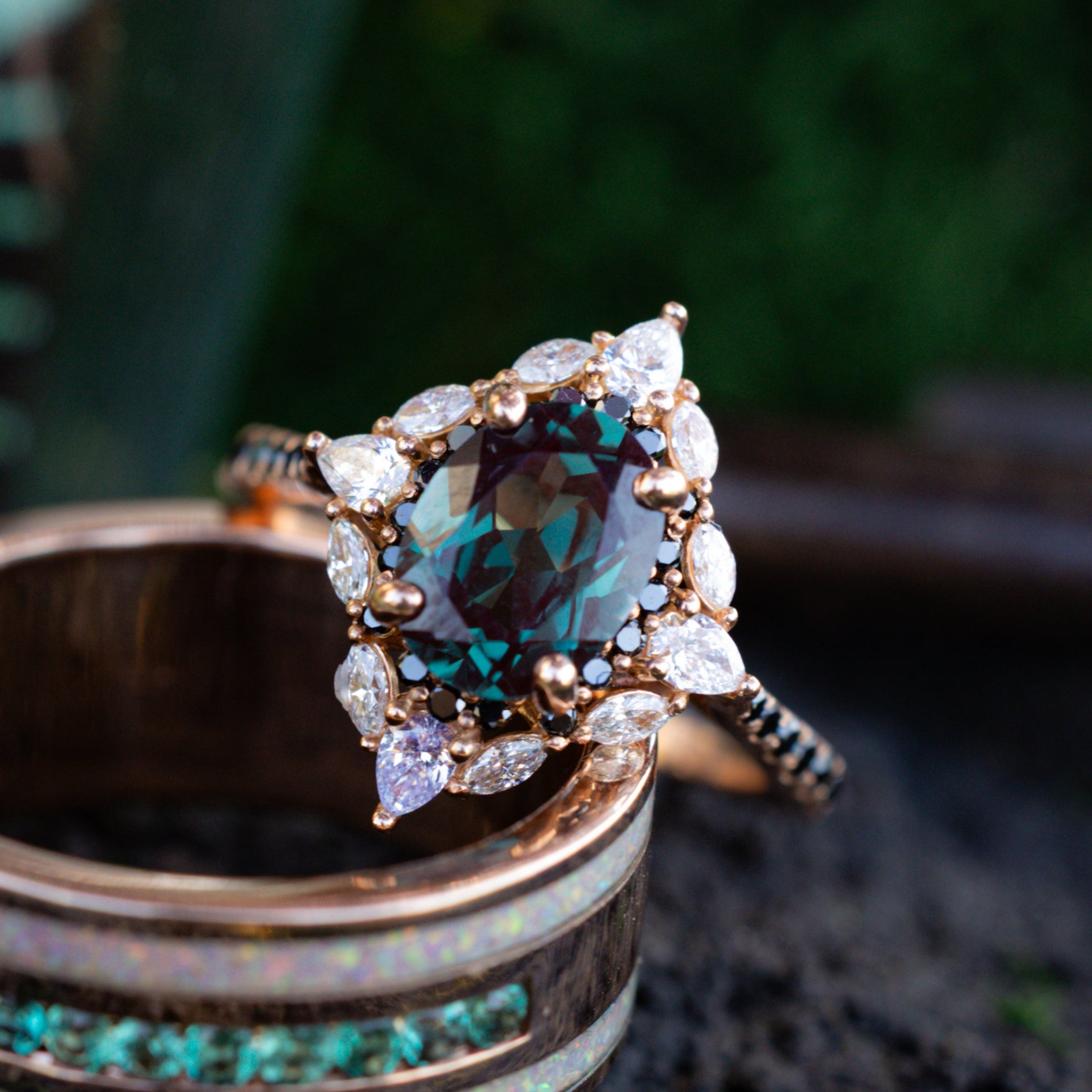 "North Star" - Lab-Grown Alexandrite Engagement Ring With Diamond Halo & Tracer-Staghead Designs