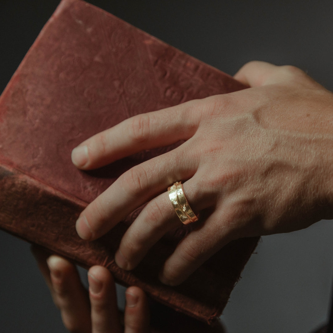 "Alwin" - Custom Vine Embossed Men's Wedding Ring With Leaf-Inspired Diamond Accents-Staghead Designs