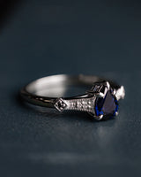 "ANNORA" - PEAR SHAPED LAB-GROWN BLUE SAPPHIRE ENGAGEMENT RING WITH BLACK & WHITE DIAMOND ACCENTS-7