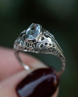 ANTIQUE 14K WHITE GOLD ART DECO AQUAMARINE FILIGREE RING-Staghead Designs