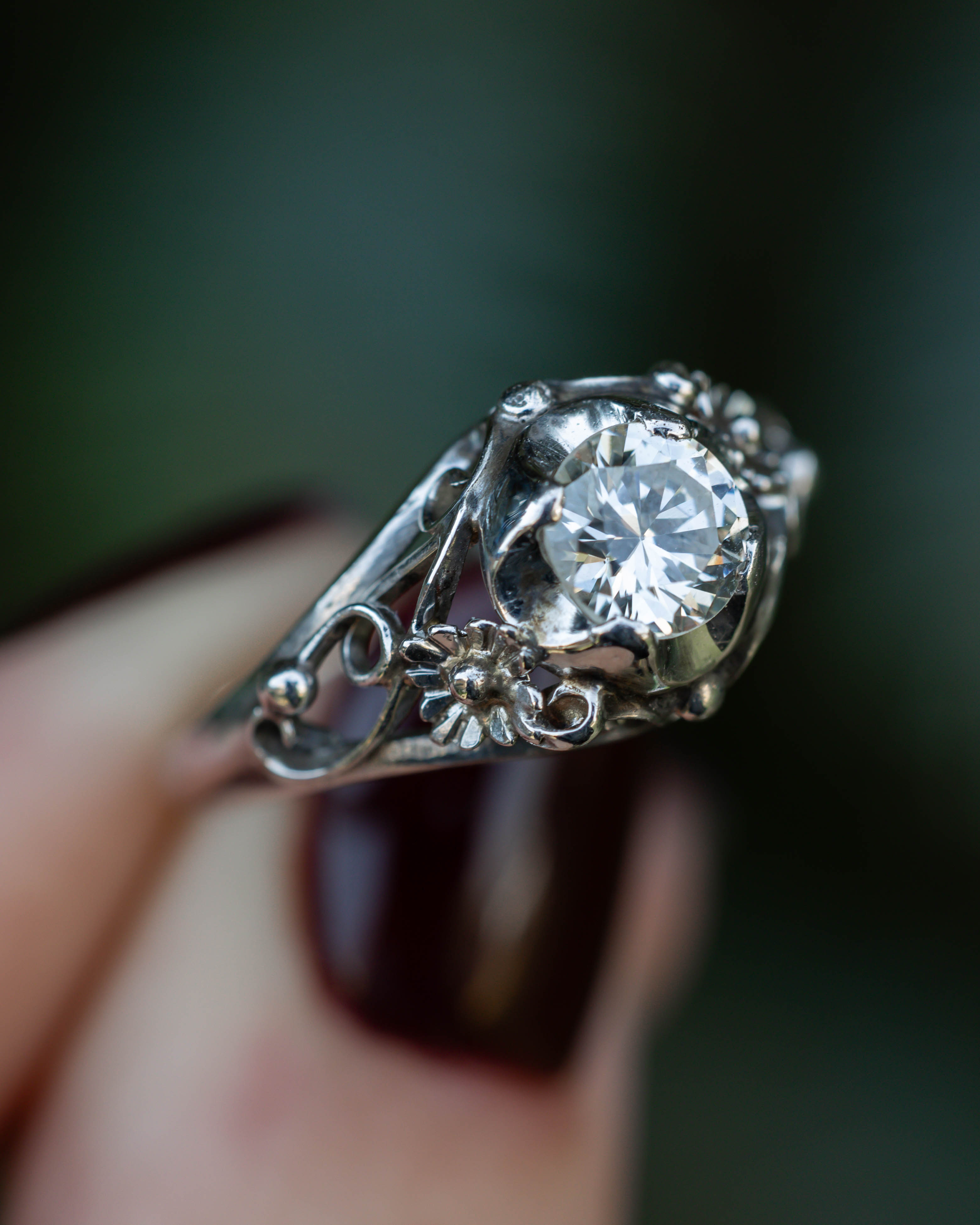 ANTIQUE 14K WHITE GOLD ART DECO DIAMOND FLORAL RING-Staghead Designs