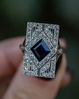 ANTIQUE ART DECO FRENCH PLATINUM SHIELD WITH A NATURAL SAPPHIRE - GIA CERTIFICATION INCLUDED-Staghead Designs