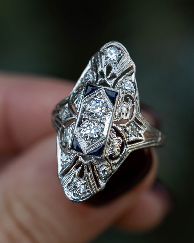 ANTIQUE PLATINUM RING WITH DIAMOND & SYNTHETIC SAPPHIRE ACCENTS-Staghead Designs