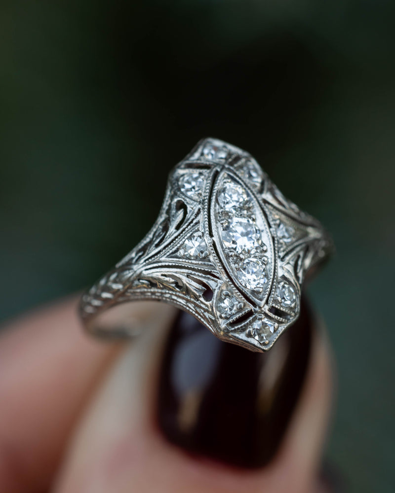 ANTIQUE ART DECO SHIELD RING WITH OLD EUROPEAN DIAMONDS AND FILIGREE IN PLATINUM-Staghead Designs