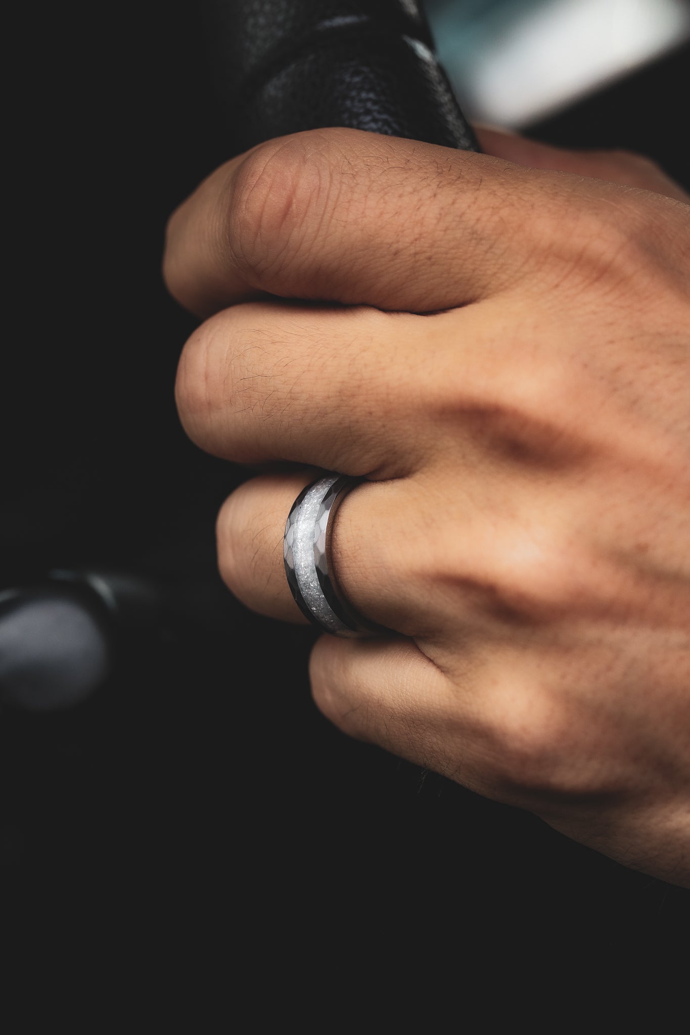 "APOLLO" - FACETED TUNGSTEN WEDDING BAND WITH DIAMOND DUST INLAY-6