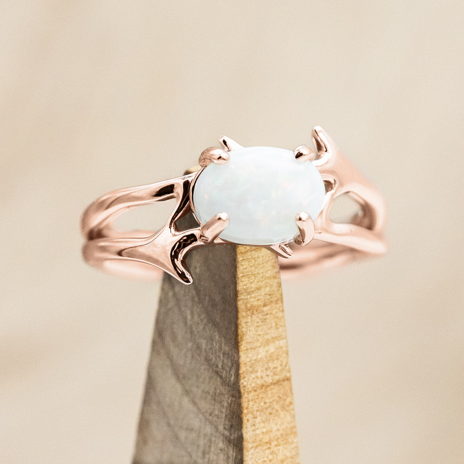 "ARTEMIS" - OVAL CABOCHON CUT ENGAGEMENT RING WITH AN ANTLER STYLE BAND-Staghead Designs