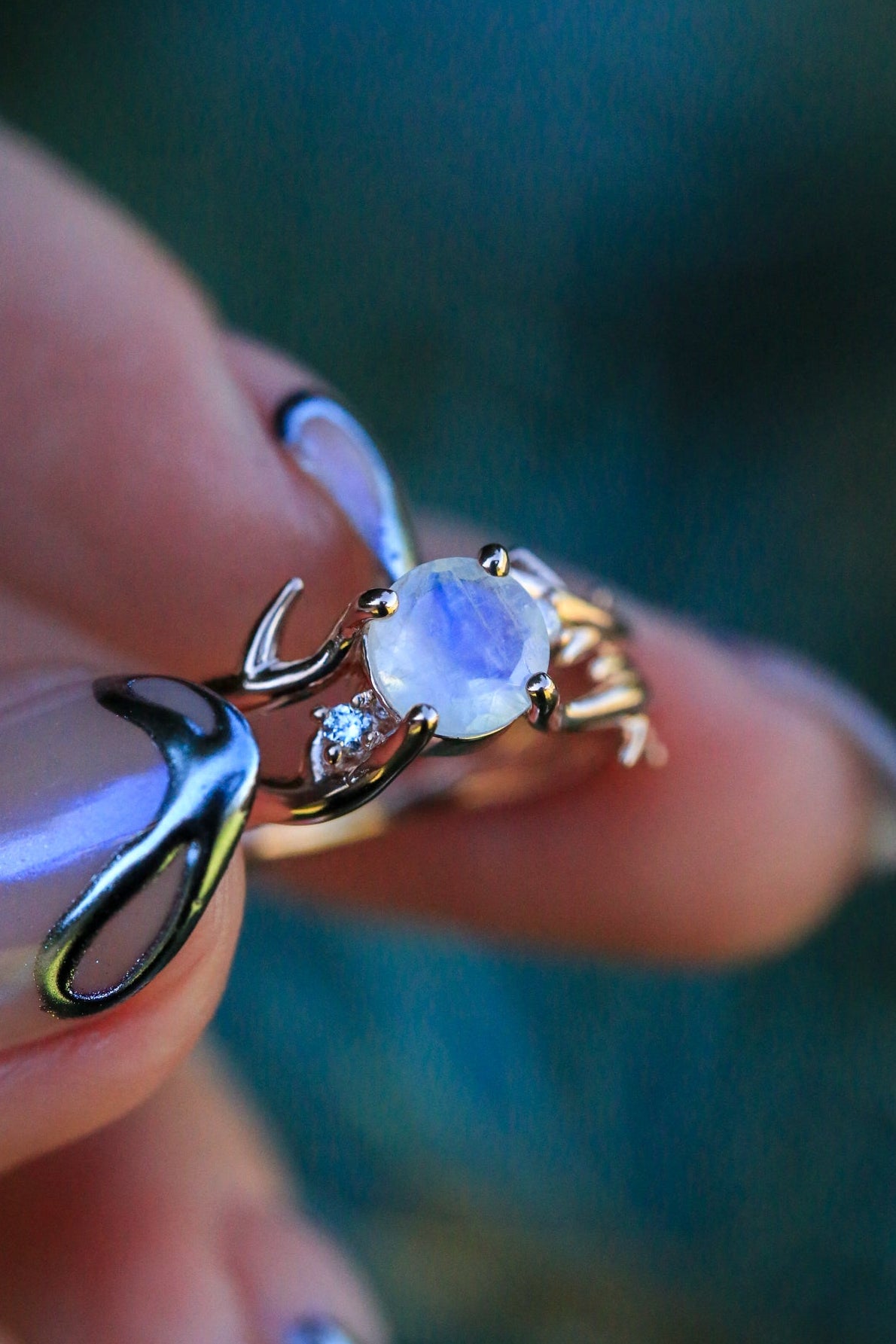 "ARTEMIS" - ROUND CUT MOONSTONE ENGAGEMENT RING WITH ANTLER-STYLE BAND & DIAMOND ACCENTS-13