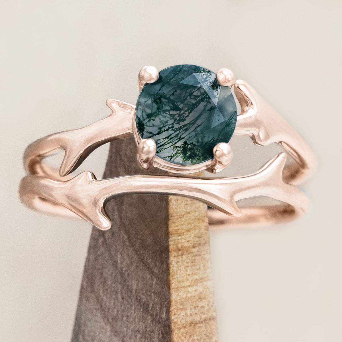 "ARTEMIS" - ROUND CUT ENGAGEMENT RING WITH AN ANTLER-STYLE STACKING BAND-Staghead Designs