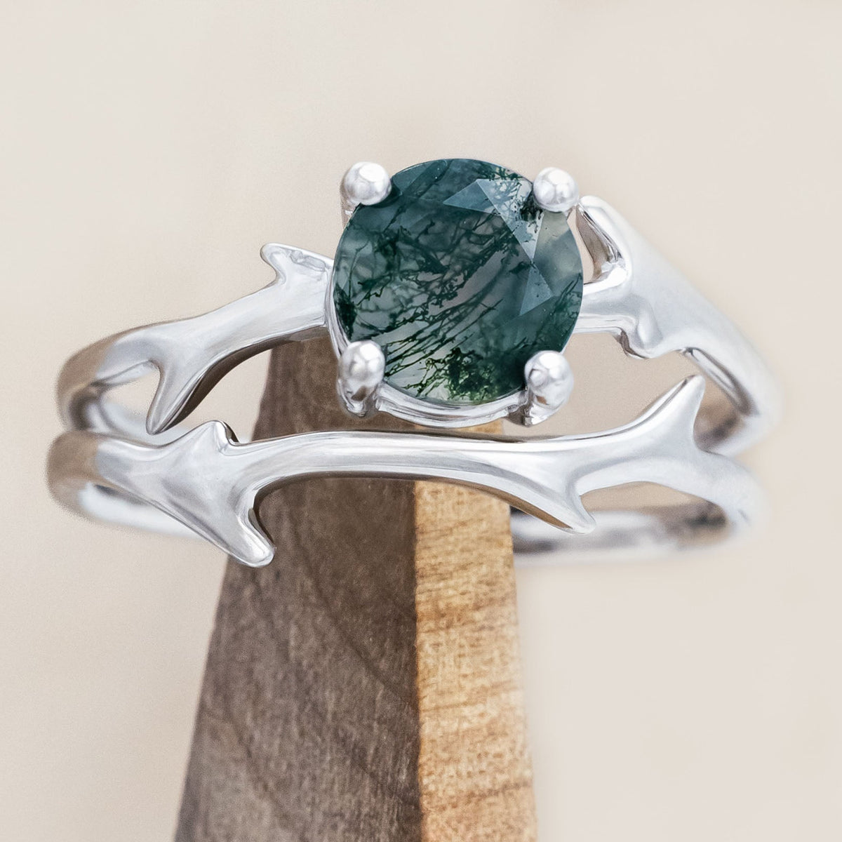"ARTEMIS" - ROUND CUT ENGAGEMENT RING WITH AN ANTLER-STYLE STACKING BAND-Staghead Designs