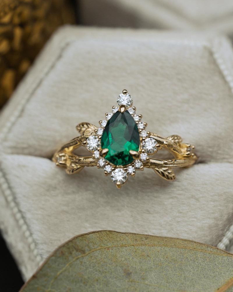 "ARTEMIS ON THE VINE DIVINE" - PEAR LAB-GROWN EMERALD ENGAGEMENT RING WITH DIAMOND ACCENTS & A BRANCH-STYLE BAND-Staghead Designs