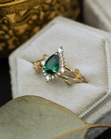 "ARTEMIS ON THE VINE DIVINE" - PEAR LAB-GROWN EMERALD ENGAGEMENT RING WITH DIAMOND ACCENTS & A BRANCH-STYLE BAND-Staghead Designs