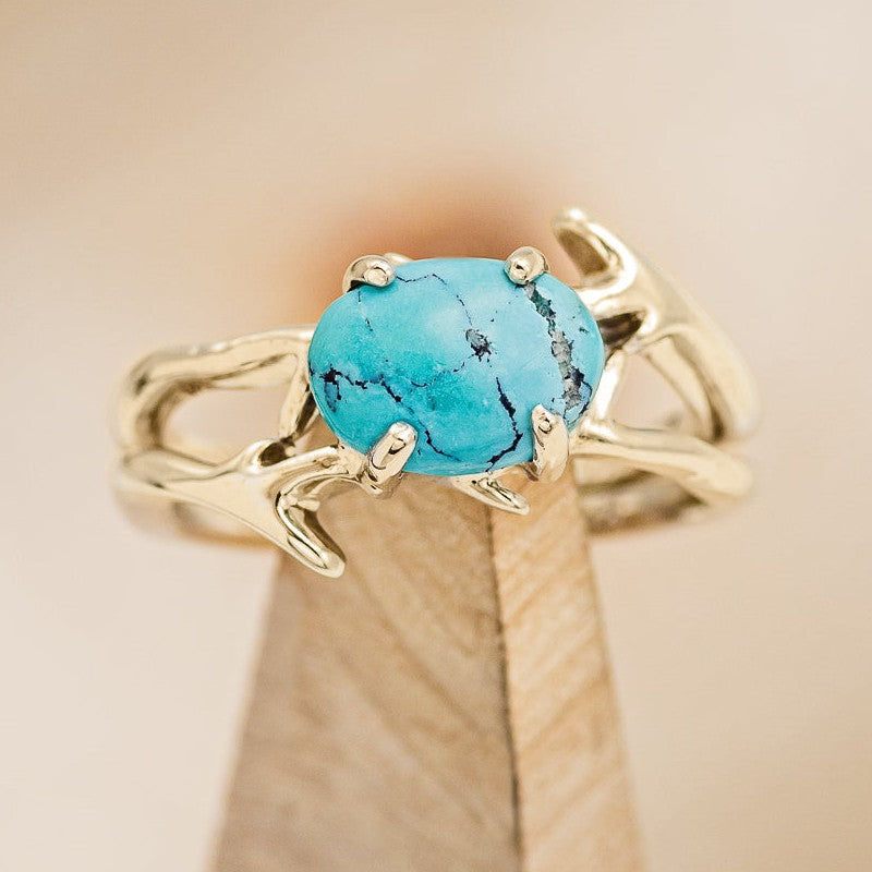 "ARTEMIS" - OVAL CABOCHON CUT ENGAGEMENT RING WITH AN ANTLER STYLE BAND-Staghead Designs