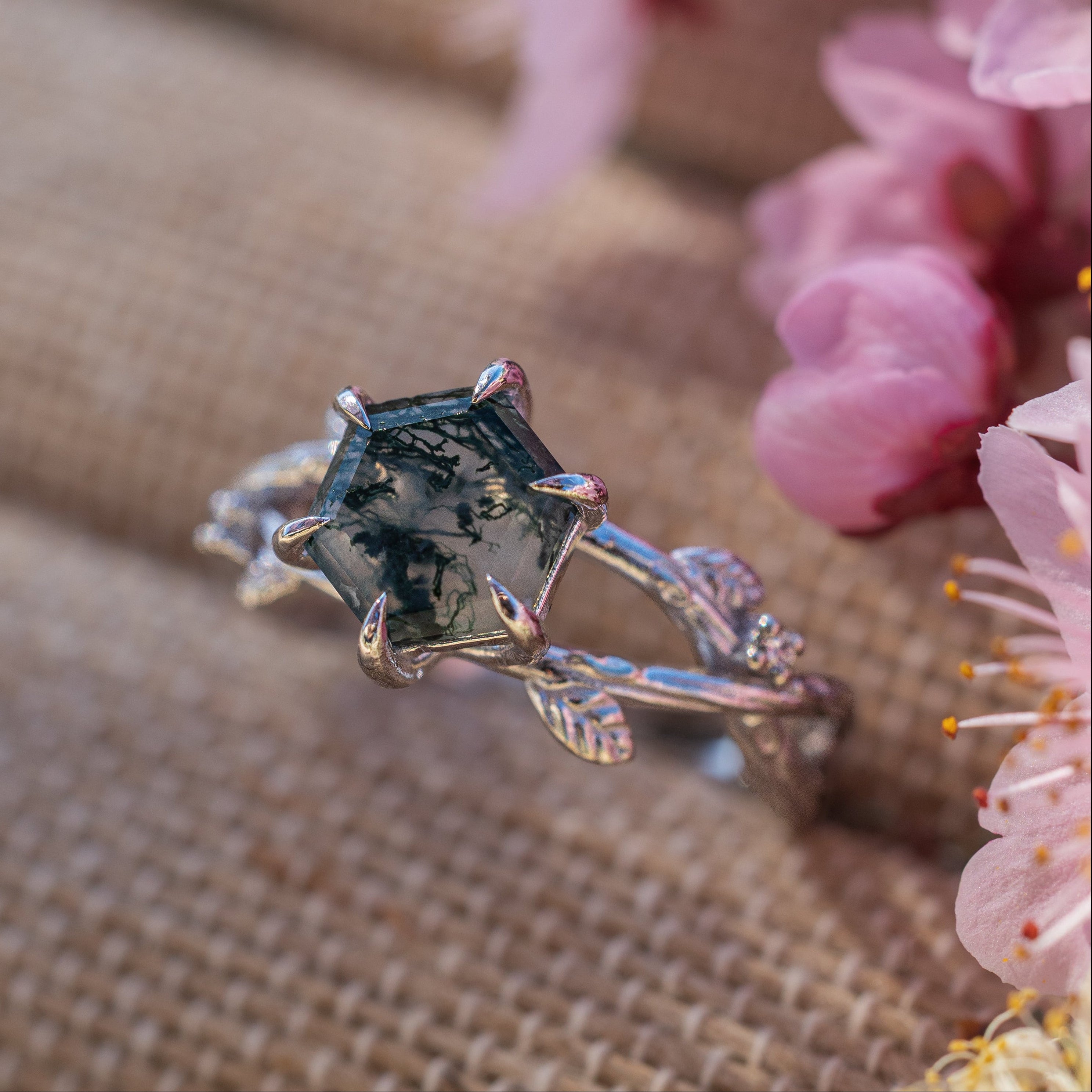 "ARTEMIS ON THE VINE" - HEXAGON CUT MOSS AGATE ENGAGEMENT RING WITH DIAMOND ACCENTS & A BRANCH-STYLE BAND-Staghead Designs