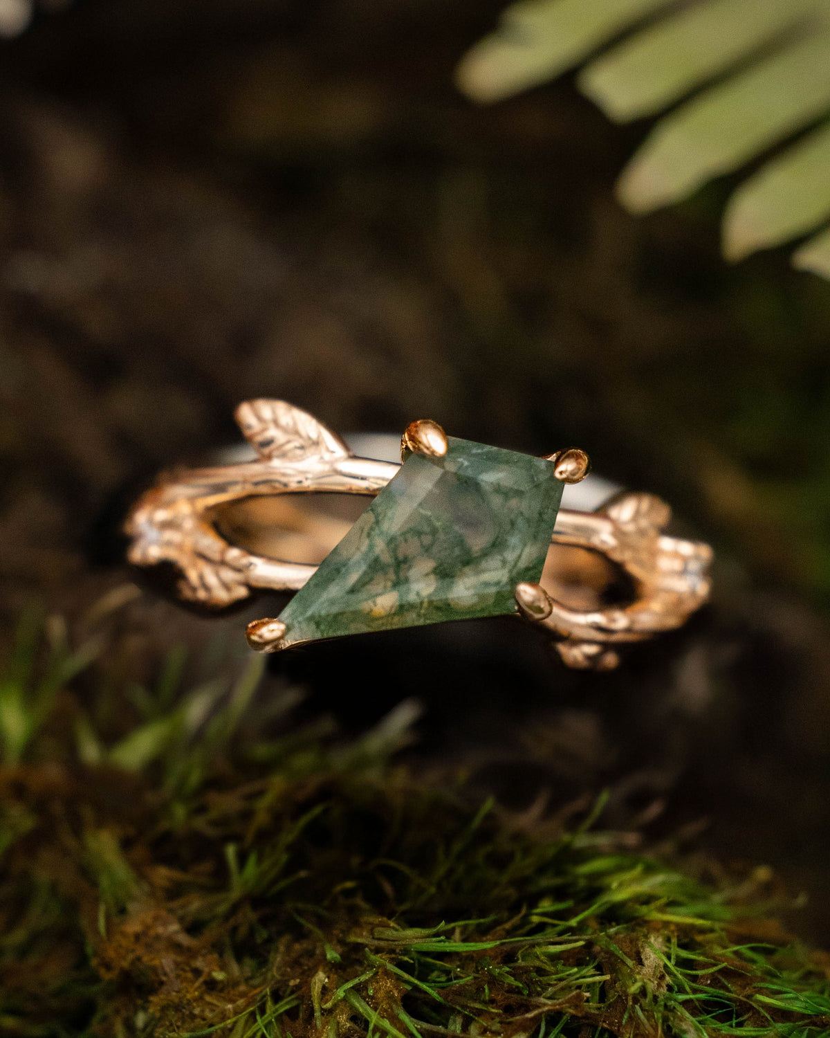 "ARTEMIS ON THE VINE" DIAGONAL - KITE CUT MOSS AGATE ENGAGEMENT RING WITH DIAMOND ACCENTS & A BRANCH-STYLE BAND-Staghead Designs