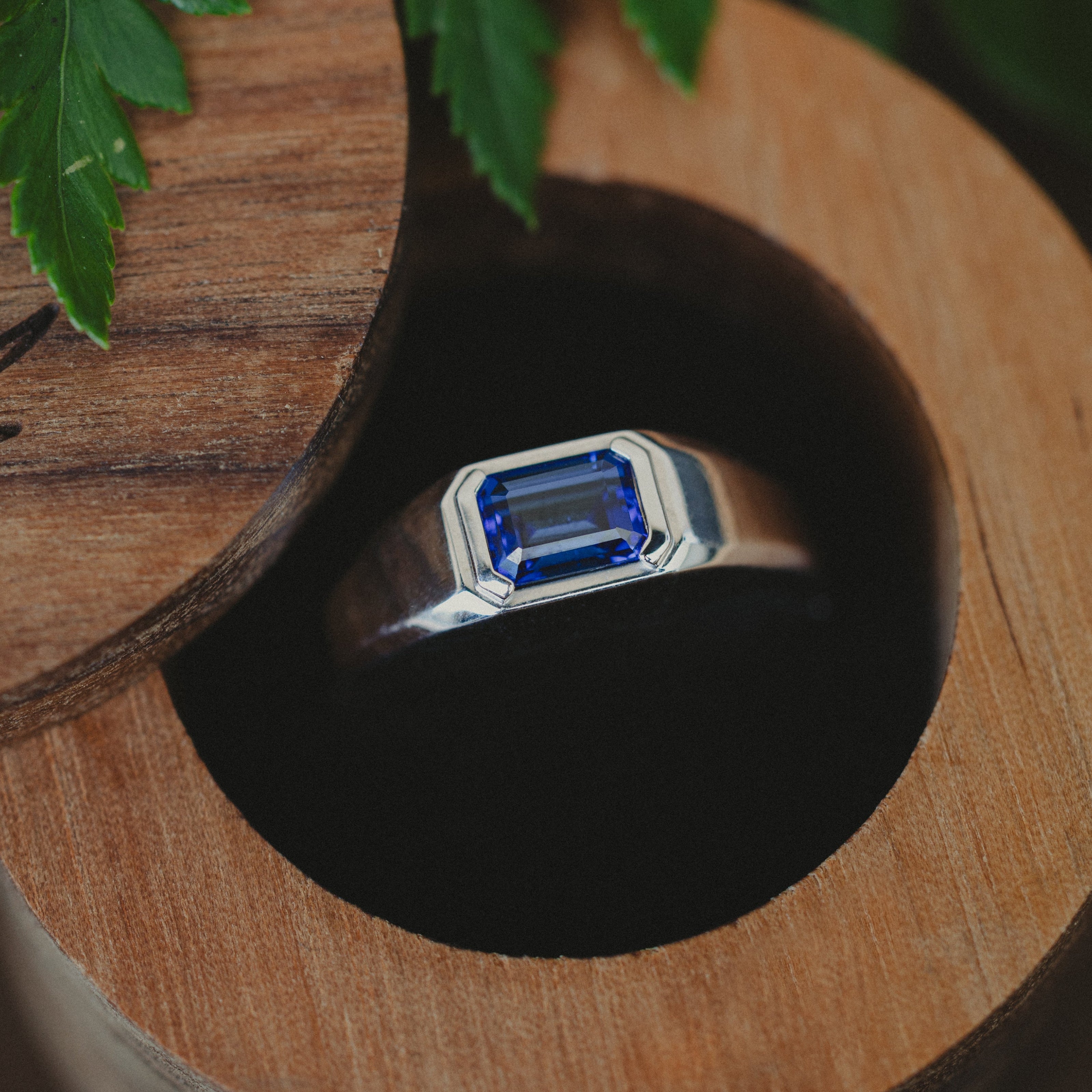 "Arthur" - Bezel Set Lab-Grown Sapphire Wedding Band - 14K White Gold - Size 10 3/4-Staghead Designs