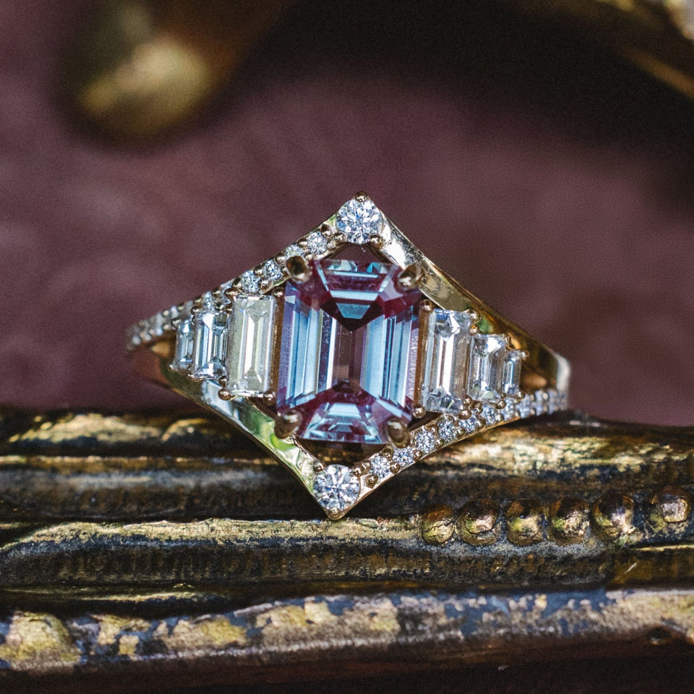 "ATHENA" - EMERALD CUT LAB-GROWN ALEXANDRITE ENGAGEMENT RING WITH DIAMOND ACCENTS-Staghead Designs