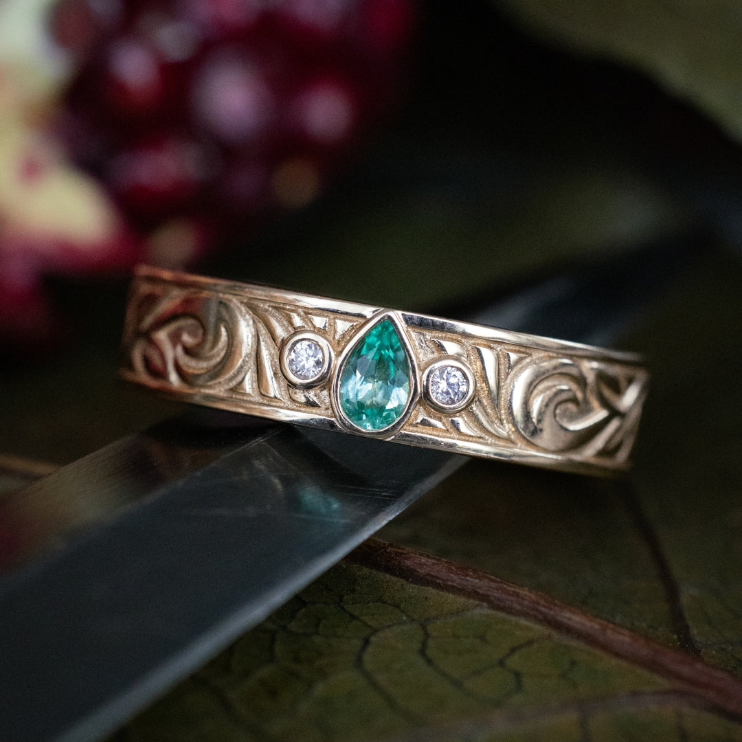 "Augustine" - Lab-Grown Green Sapphire Engagement Ring With Diamond Accents & Floral Filigree-Staghead Designs