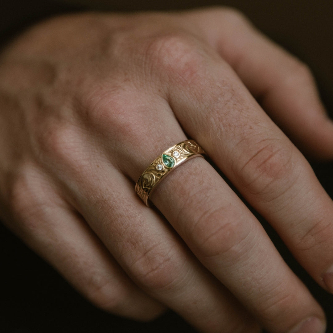 "Augustine" - Lab-Grown Green Sapphire Engagement Ring With Diamond Accents & Floral Filigree-Staghead Designs