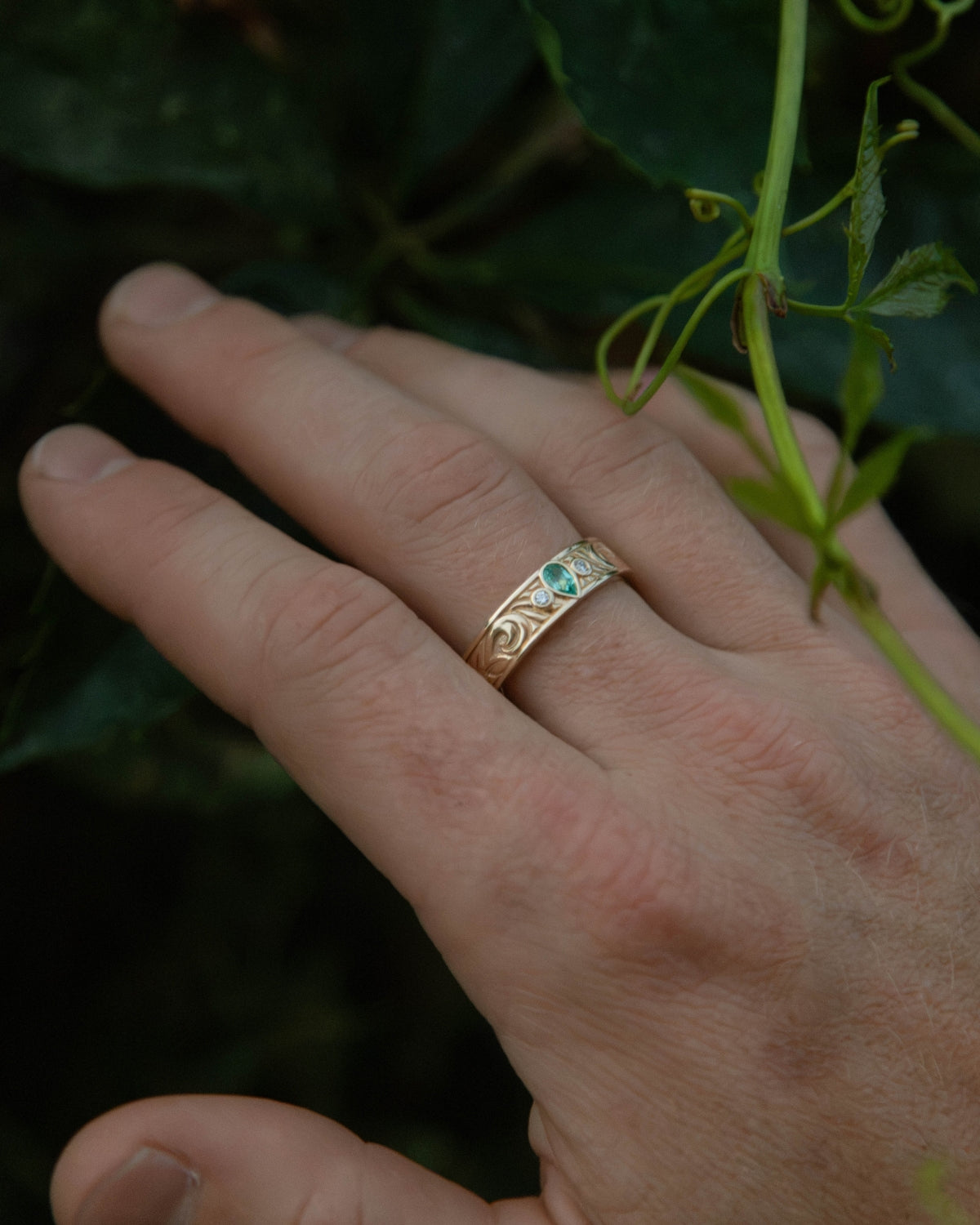 "Augustine" - Lab-Grown Green Sapphire Engagement Ring With Diamond Accents & Floral Filigree-Staghead Designs