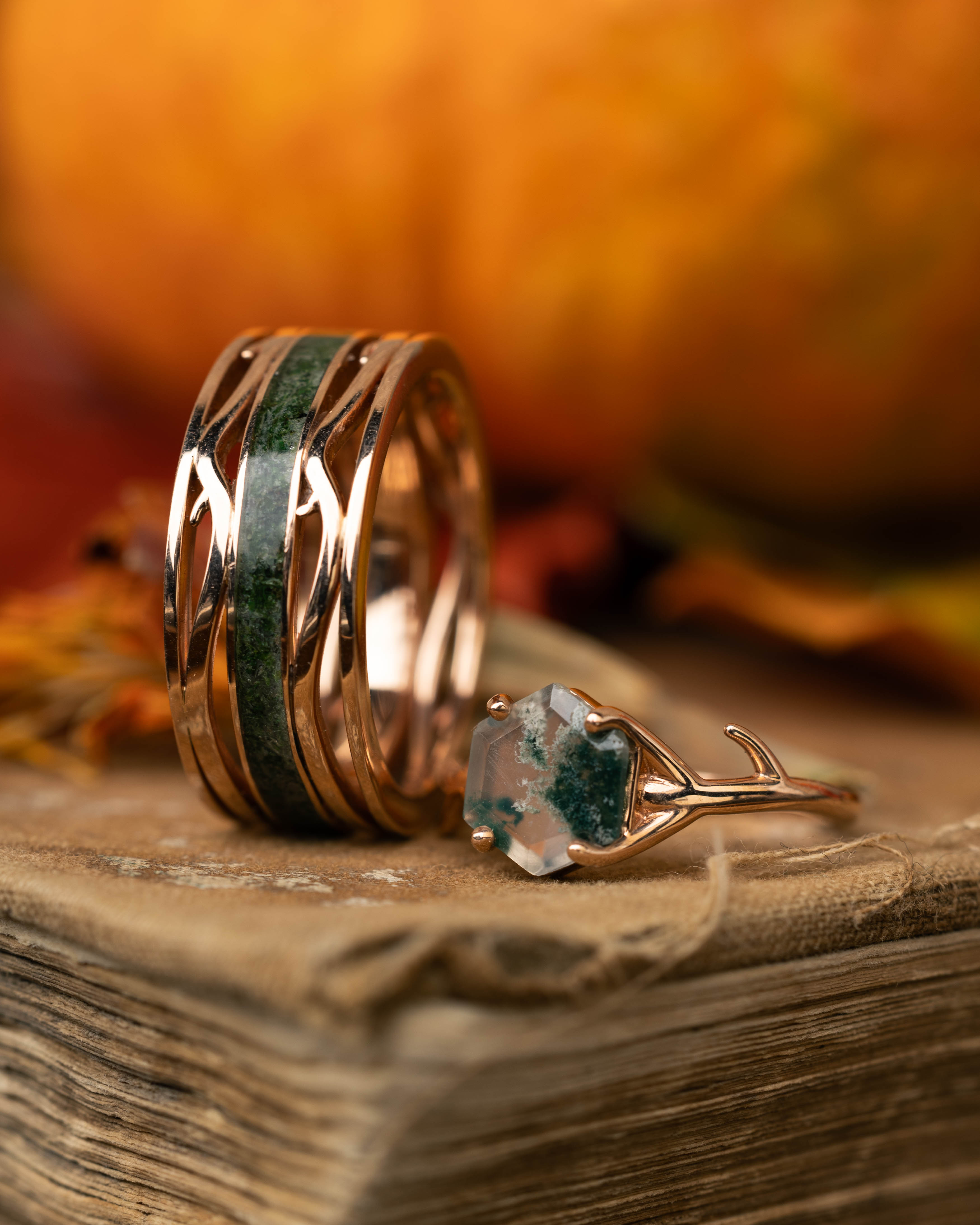 "ARTEMIS" - HEXAGON CUT MOSS AGATE ENGAGEMENT RING WITH AN ANTLER-STYLE STACKING BAND-Staghead Designs