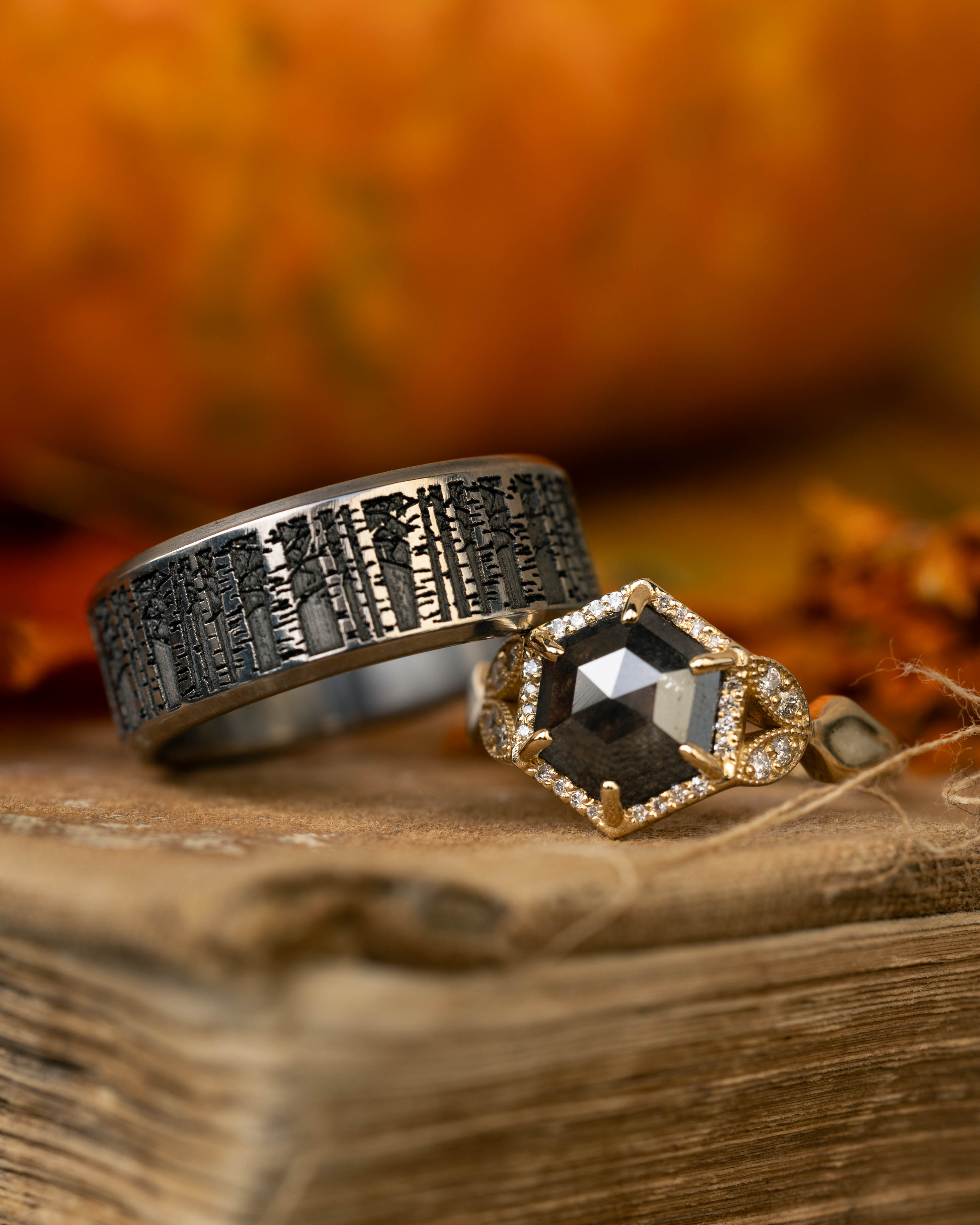 "LUCY IN THE SKY" - HEXAGON ROSECUT SALT & PEPPER ENGAGEMENT RING WITH CUSTOM INLAYS-Staghead Designs