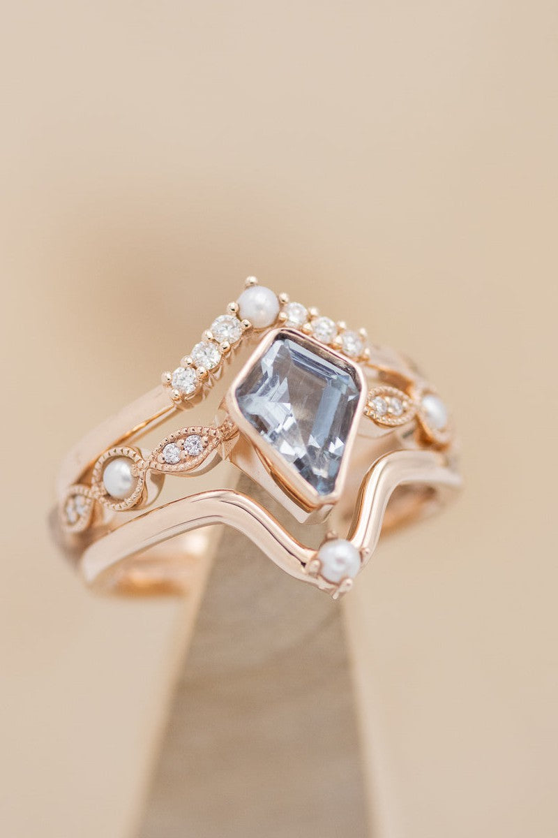 "BIANCA" - BRIDAL SUITE - KITE CUT AQUAMARINE ENGAGEMENT RING WITH PEARL & DIAMOND ACCENTS-1