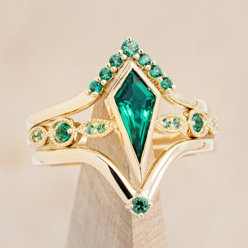 "BIANCA" - BRIDAL SUITE - KITE CUT LAB-GROWN EMERALD ENGAGEMENT RING WITH EMERALD & DIAMOND ACCENTS-1