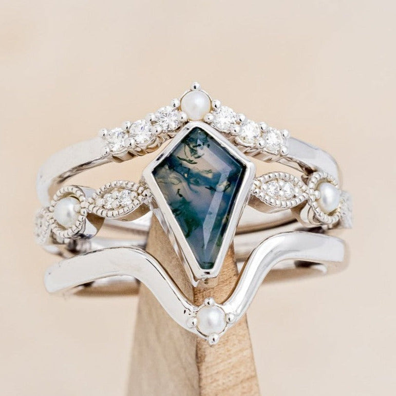 "BIANCA" - BRIDAL SUITE - KITE CUT MOSS AGATE ENGAGEMENT RING WITH PEARLS & DIAMOND ACCENTS-1