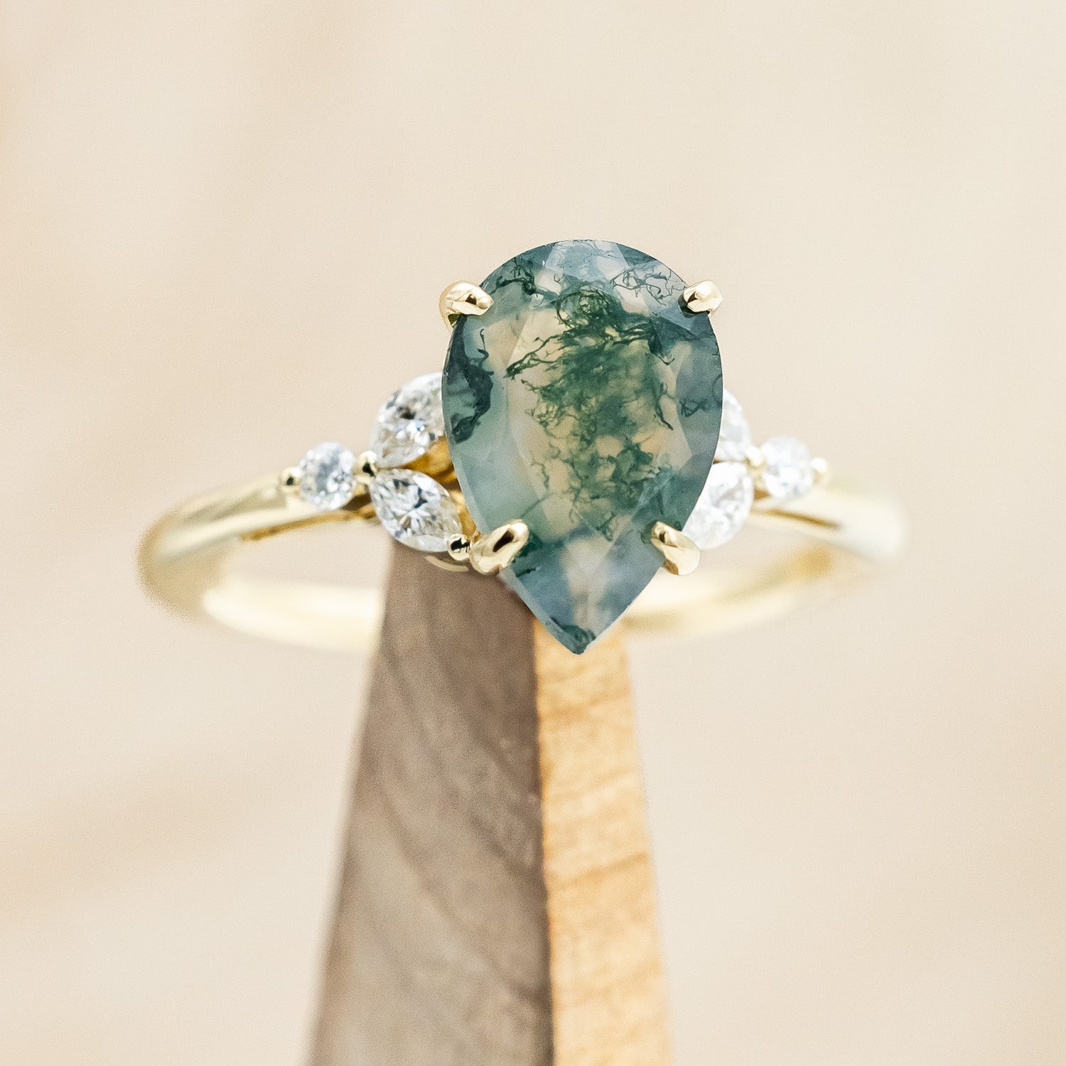 "BLOSSOM" - PEAR-CUT MOSS AGATE ENGAGEMENT RING WITH LEAFCUT DIAMOND ACCENTS-Staghead Designs