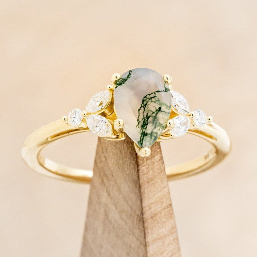 "BLOSSOM" - PEAR-CUT MOSS AGATE ENGAGEMENT RING WITH LEAF-SHAPED DIAMOND ACCENTS-1