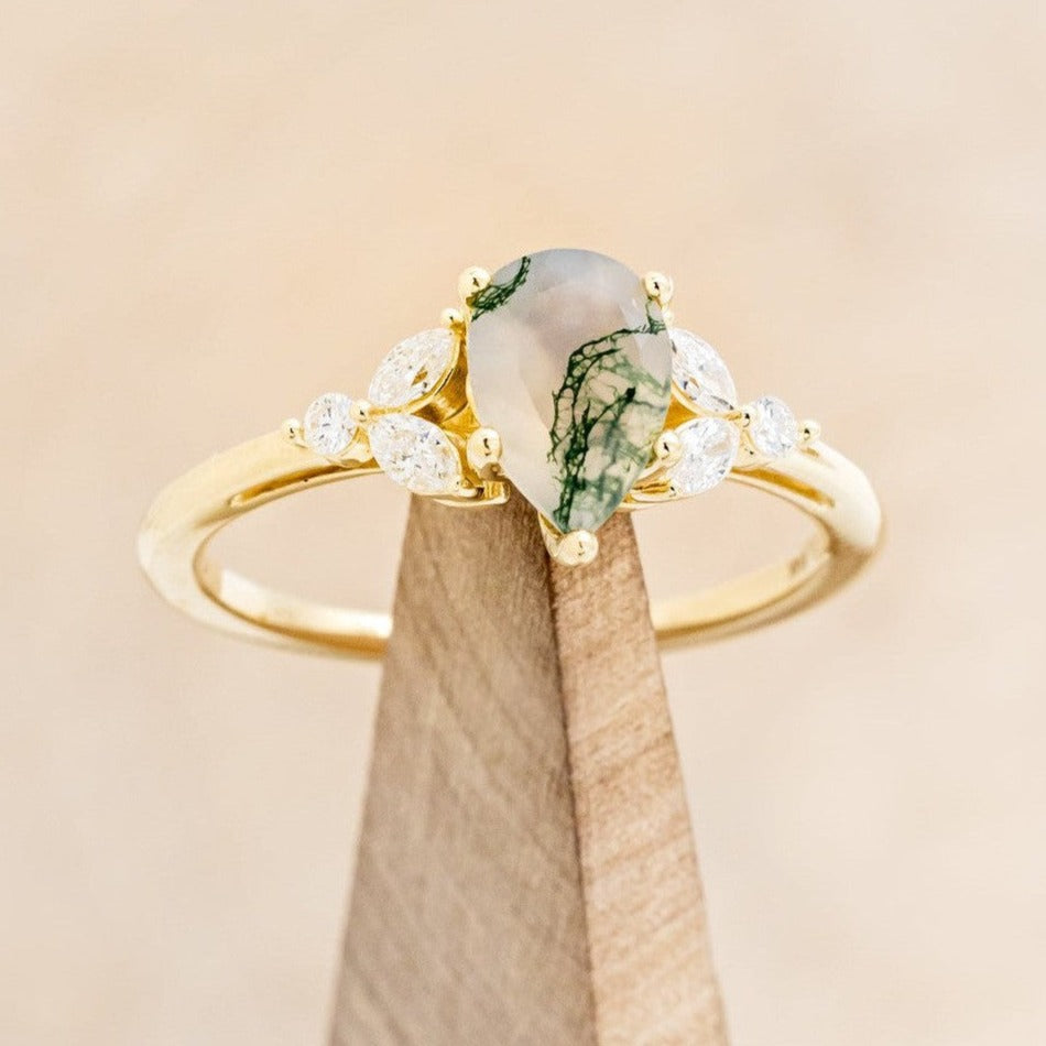 "BLOSSOM" - PEAR-CUT MOSS AGATE ENGAGEMENT RING WITH LEAF-SHAPED DIAMOND ACCENTS-1