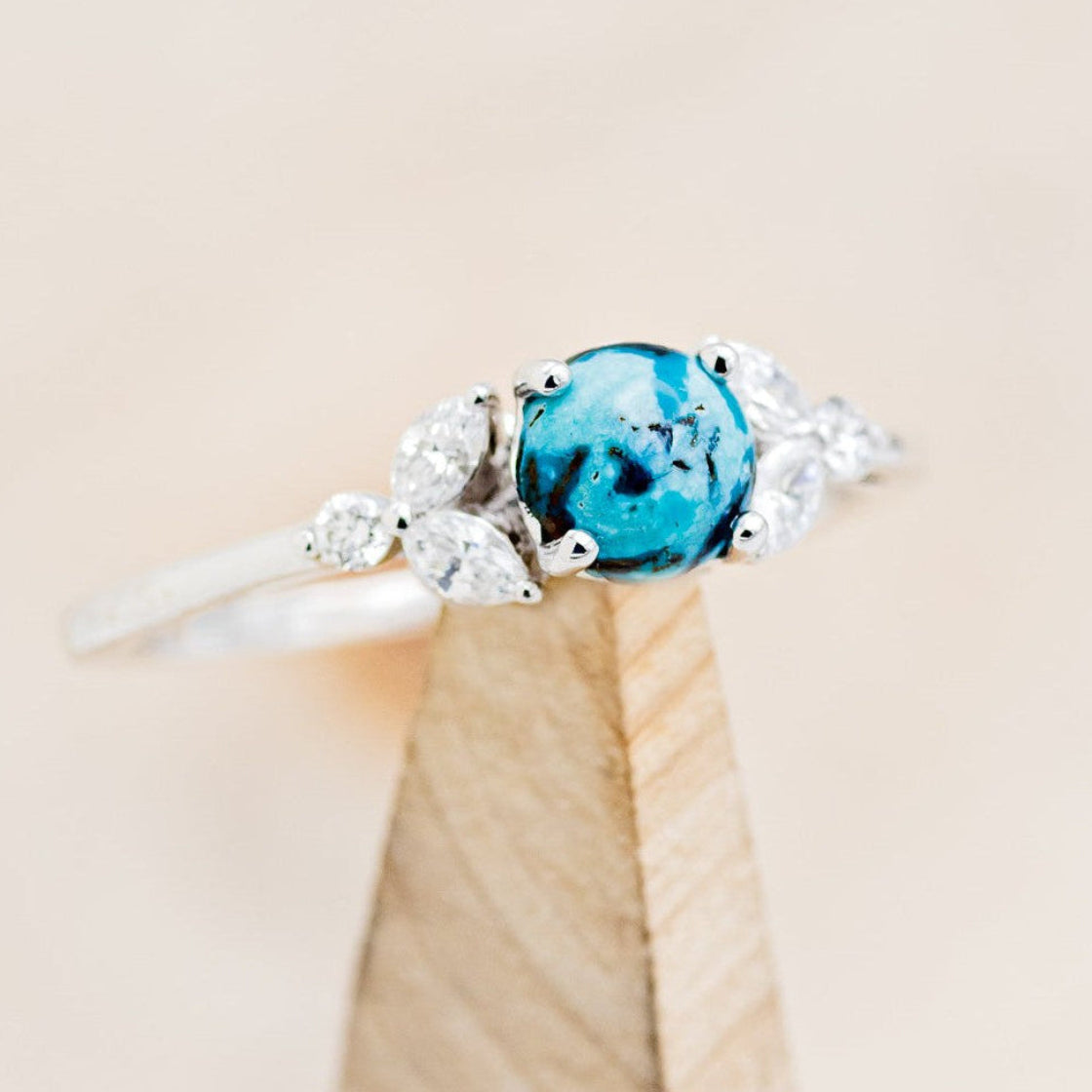 "BLOSSOM" - ROUND CUT TURQUOISE ENGAGEMENT RING WITH LEAF-SHAPED DIAMOND ACCENTS-1
