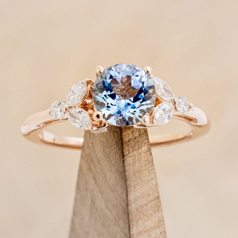 "BLOSSOM" - ROUND CUT AQUAMARINE ENGAGEMENT RING WITH LEAF-SHAPED DIAMOND ACCENTS-1