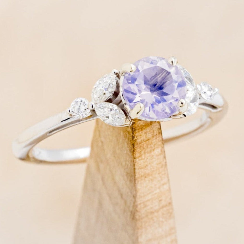 "BLOSSOM" - ROUND CUT LAVENDER QUARTZ ENGAGEMENT RING WITH LEAF SHAPED DIAMOND ACCENTS-1