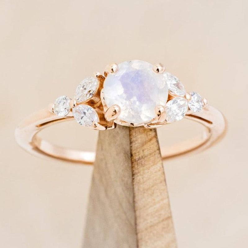 "BLOSSOM" - ROUND CUT MOONSTONE ENGAGEMENT RING WITH LEAF SHAPED DIAMOND ACCENTS-1