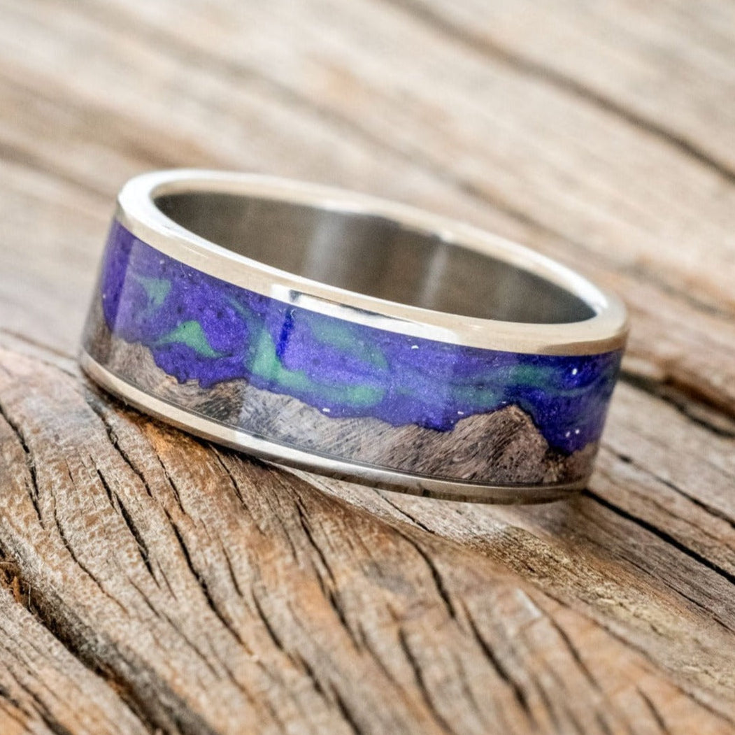 "BOREALIS" - MOUNTAIN ENGRAVED WEDDING RING WITH DARK MAPLE WOOD & GLOW IN THE DARK NORTHERN LIGHTS-1