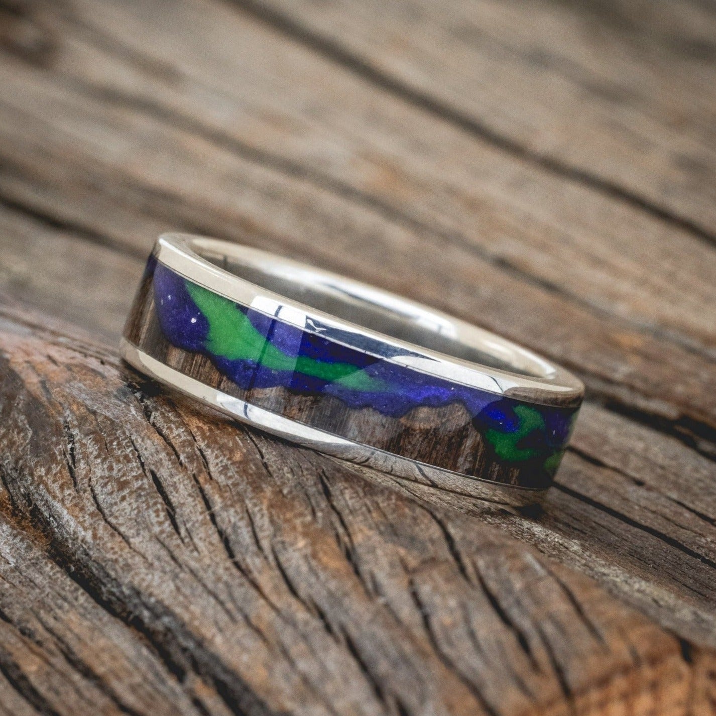"BOREALIS" - MOUNTAIN ENGRAVED WEDDING RING WITH DARK MAPLE WOOD & GLOW IN THE DARK NORTHERN LIGHTS-1
