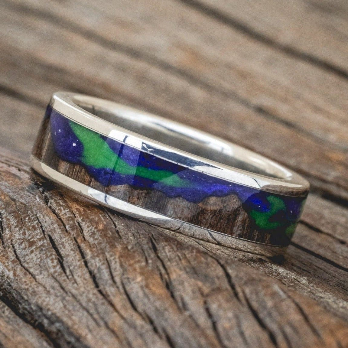"Borealis" - Mountain Engraved Wedding Ring With Dark Maple Wood & Glow In The Dark Northern Lights-Staghead Designs