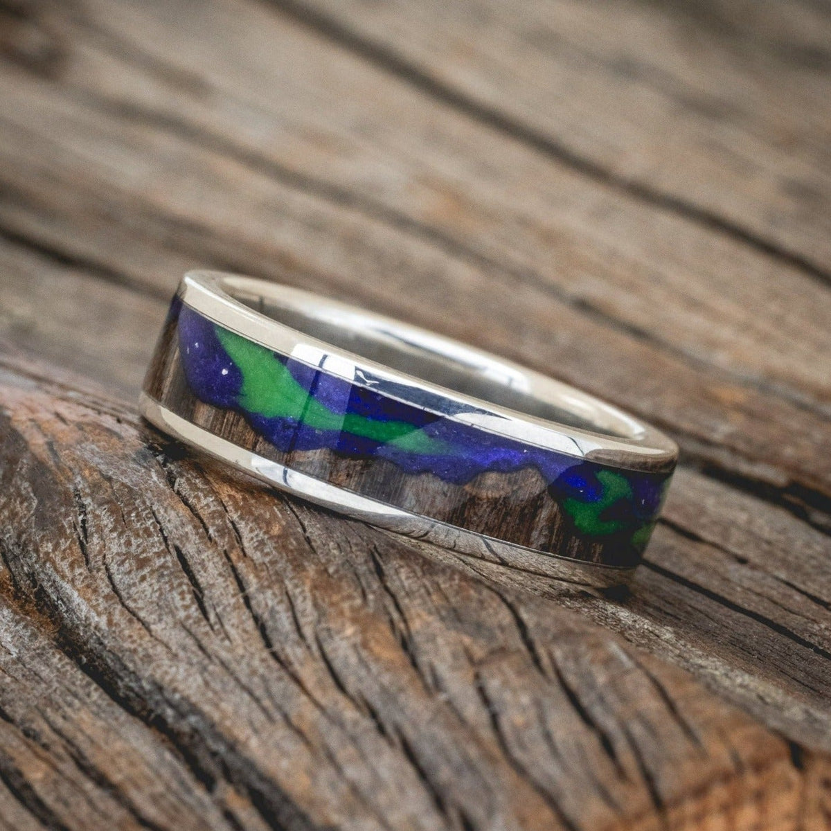 "Borealis" - Mountain Engraved Wedding Ring With Dark Maple Wood & Glow In The Dark Northern Lights-Staghead Designs