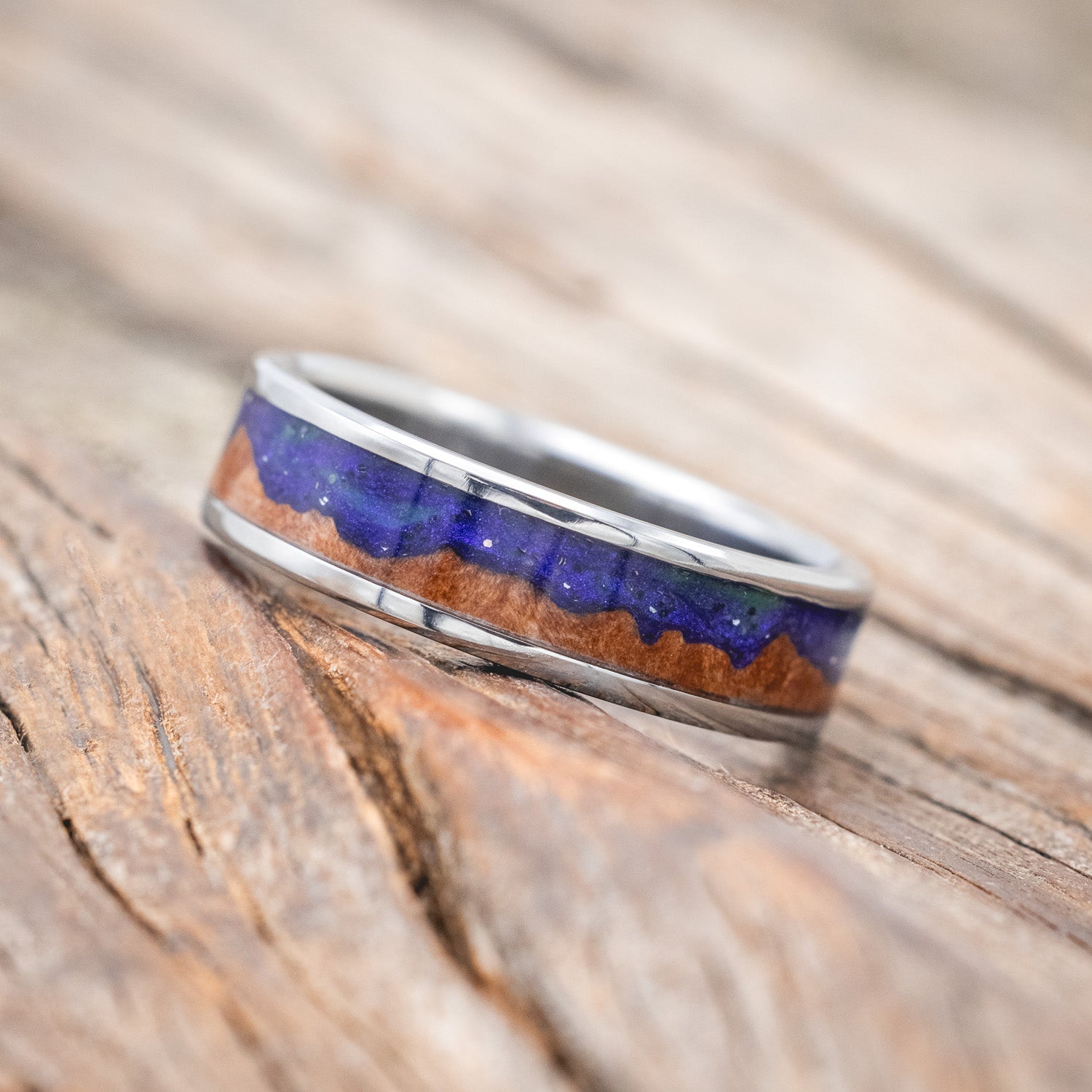 "BOREALIS" - MOUNTAIN ENGRAVED WEDDING RING WITH REDWOOD & GLOW IN THE DARK NORTHERN LIGHTS-Staghead Designs