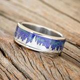 "BOREALIS" - SILVER TREES ENGRAVED WEDDING RING WITH GLOW IN THE DARK NORTHERN LIGHTS-1