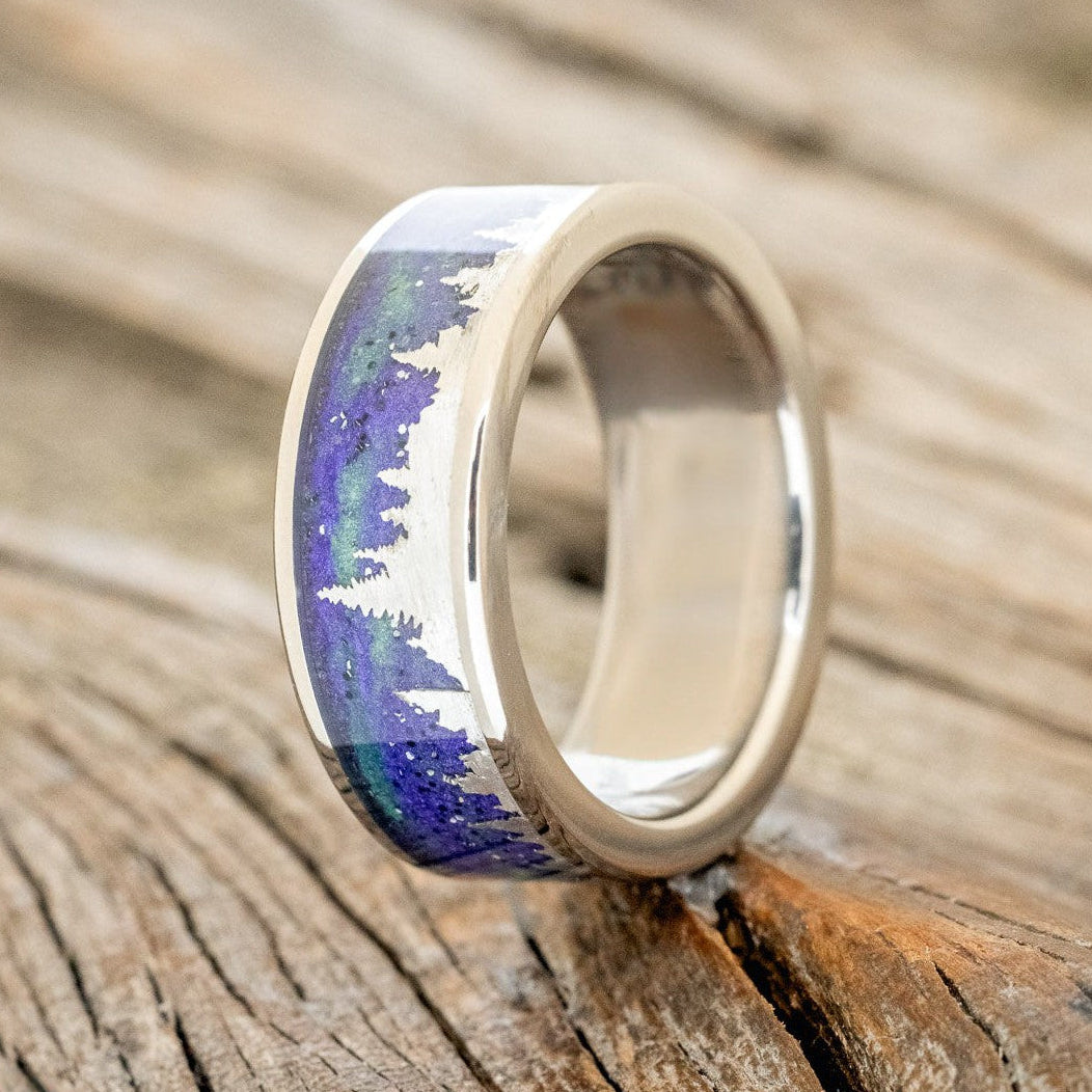 "BOREALIS" - SILVER TREES ENGRAVED WEDDING RING WITH GLOW IN THE DARK NORTHERN LIGHTS-2