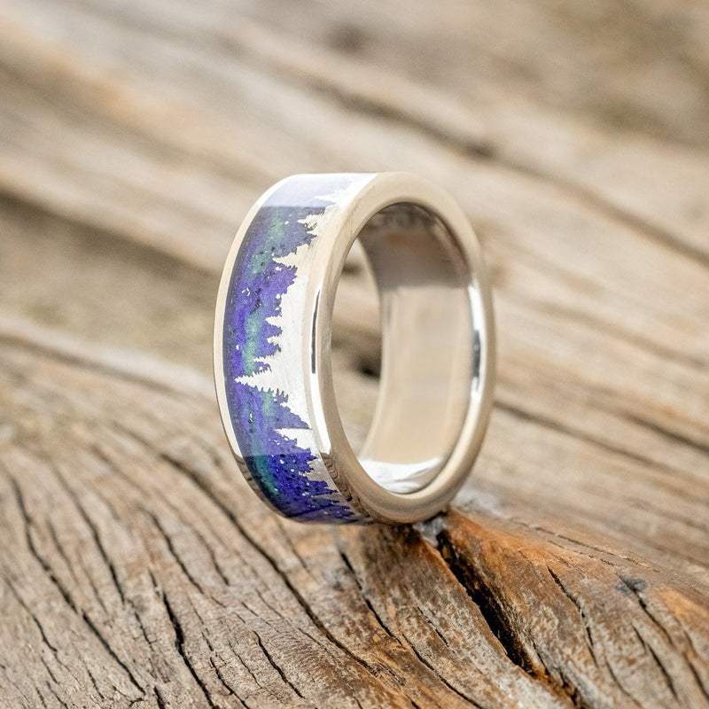 "BOREALIS" - SILVER TREES ENGRAVED WEDDING RING WITH GLOW IN THE DARK NORTHERN LIGHTS-2