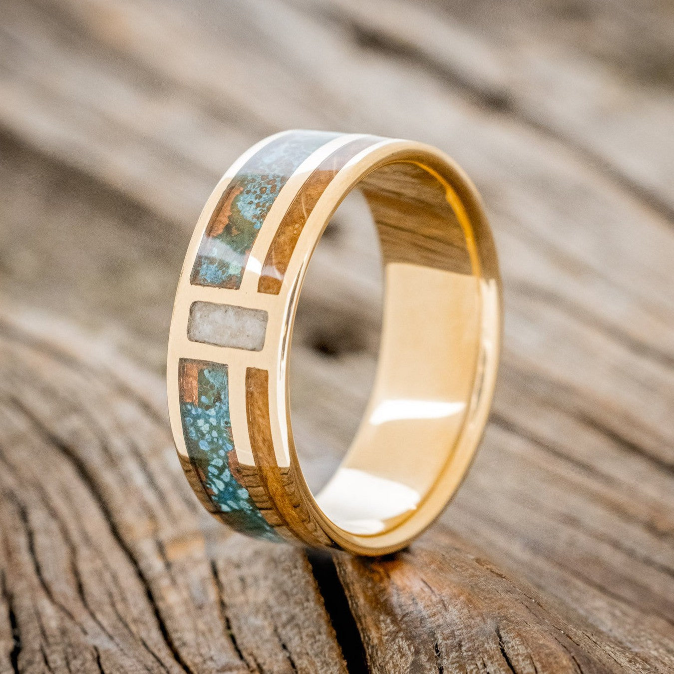 "BOWER" - PATINA COPPER, WHISKEY BARREL OAK & GRANITE WEDDING BAND-1